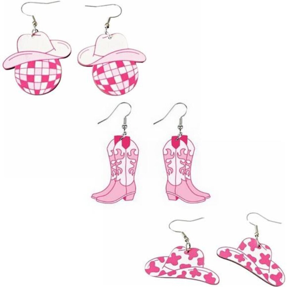 Pink Western Earrings Set– 3-Pack Set with Hats, Boots & Disco Cowgirl Style
